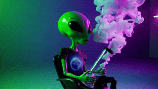a cartoon alien is smoking a bong in a chair .