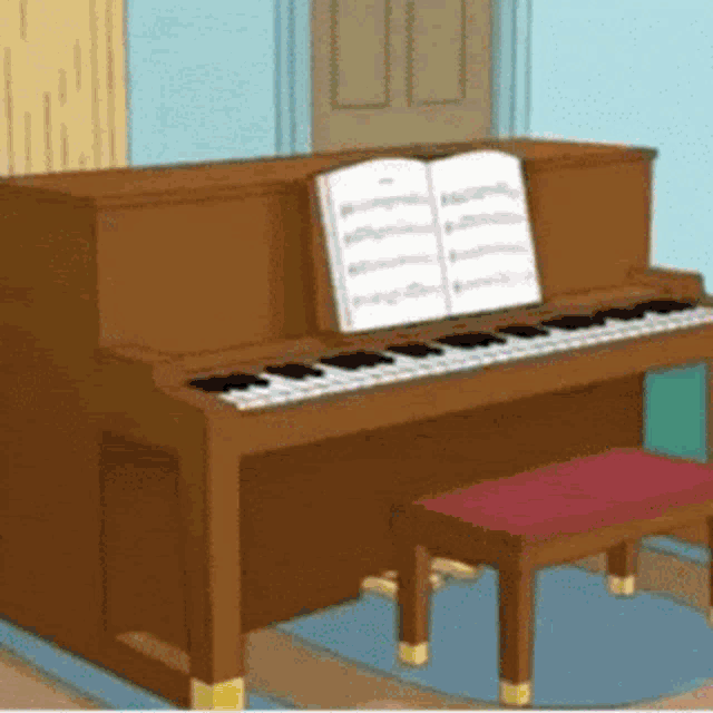 a cartoon illustration of a piano with an open book on top
