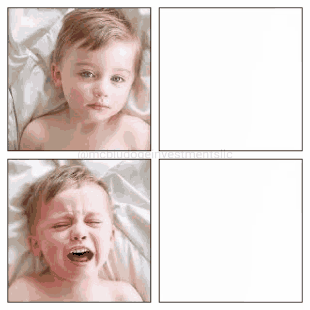 a young boy is laying on a bed with his mouth open and crying .