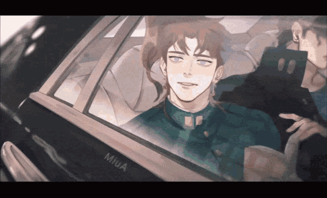 a painting of a man sitting in a car with the name miua on the side