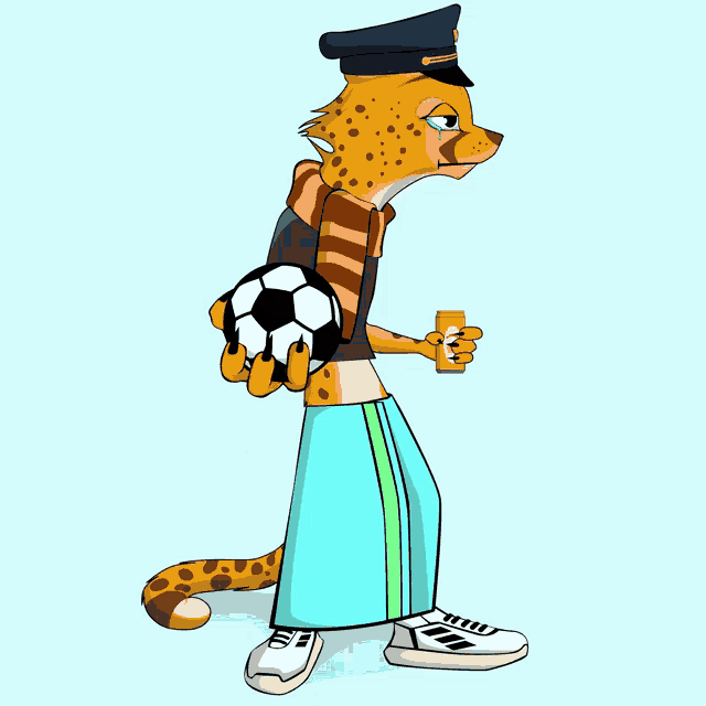 a cheetah holding a soccer ball and a can of coca cola