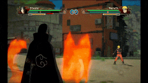 a video game is being played between itachi and nerut
