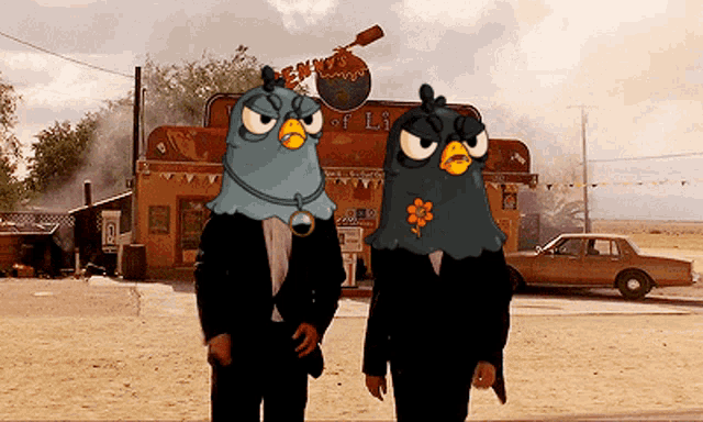 two cartoon characters standing in front of a building that says ' angry birds '