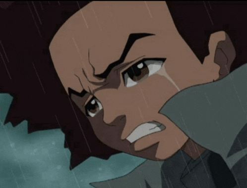 a cartoon character is crying in the rain with a serious look on his face