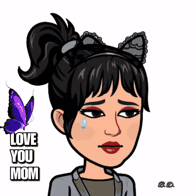 a cartoon of a woman with a cat ear headband and the words love you mom