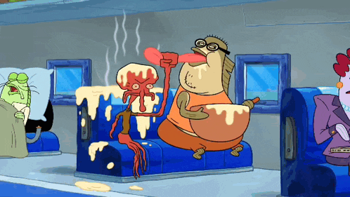 a cartoon character is sitting on a blue couch with a jellyfish on it