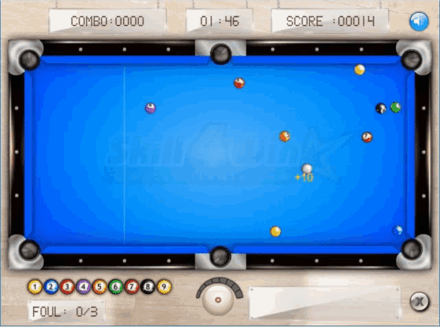 a pool game is being played and the score is 00014