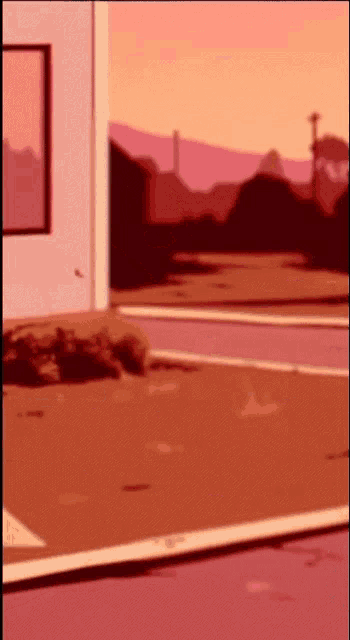 a cartoon drawing of a desert landscape with a building in the background