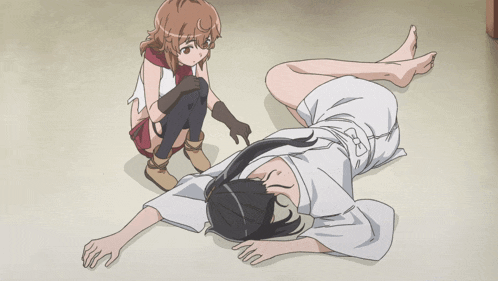 a cartoon of a woman laying on the floor with a girl sitting next to her