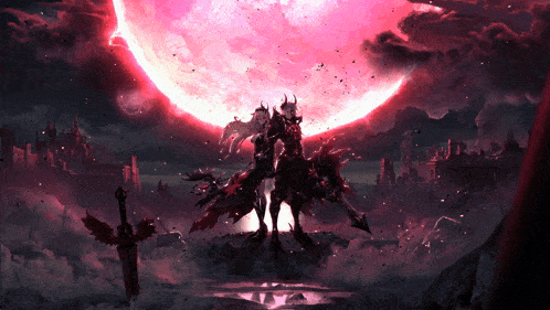 a man and a woman standing in front of a pink moon