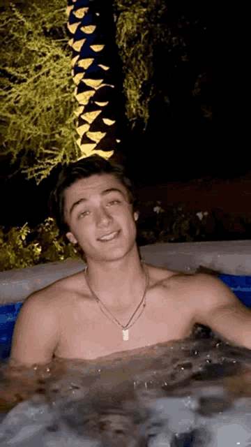 a shirtless man is sitting in a hot tub with a palm tree in the background