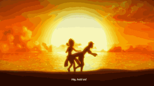a cartoon of two people standing on a beach with the words hey hold on written below them