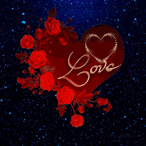 a heart surrounded by red roses with the word love written on it