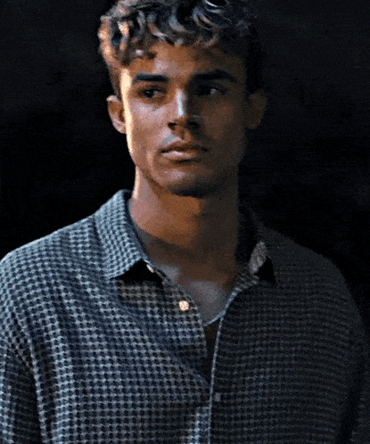 a man with curly hair is wearing a plaid shirt and a necklace