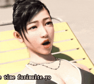 a woman in a bikini sits on a yellow chair with the words " time furimite yo " written below her