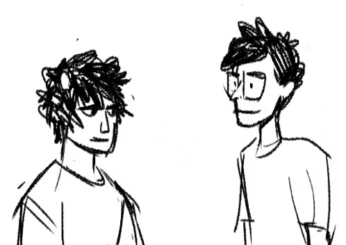 a black and white drawing of two men standing next to each other and shaking hands .