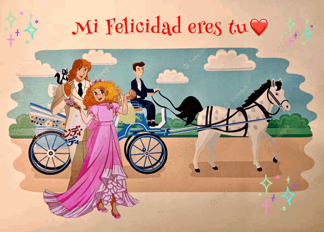 an illustration of a bride and groom in a horse drawn carriage with the words mi felicidad eres tu