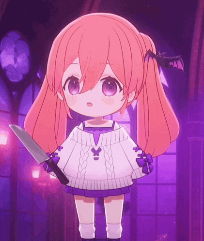 a little girl with pink hair is holding a large knife