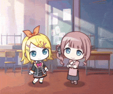 two little girls are standing next to each other in a room