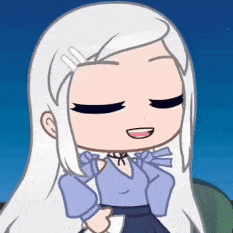 a cartoon girl with long white hair is smiling with her eyes closed and wearing a blue shirt .