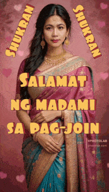 a woman in a purple and blue saree says shukran