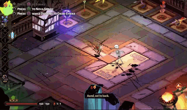 a screenshot of a video game with the words aand we 're back