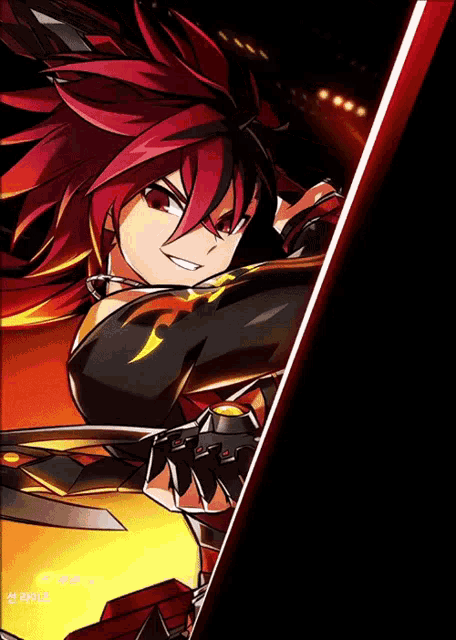 a picture of a red haired anime character with a sword and a black background