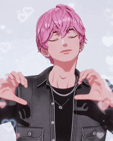 a person with pink hair making a heart with their hands