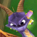 a purple dragon with horns is looking at the camera with a green background .