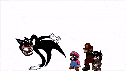 a group of cartoon characters standing next to each other in front of a cartoon monster .
