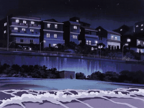 a cartoon drawing of a city at night with a few buildings lit up