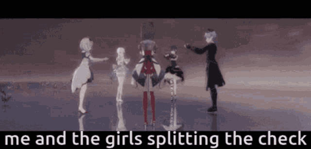 a group of anime characters standing next to each other with the words me and the girls splitting the check above them