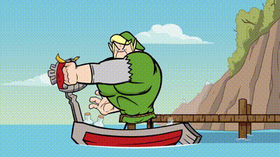 a cartoon of a man in a boat holding a sword