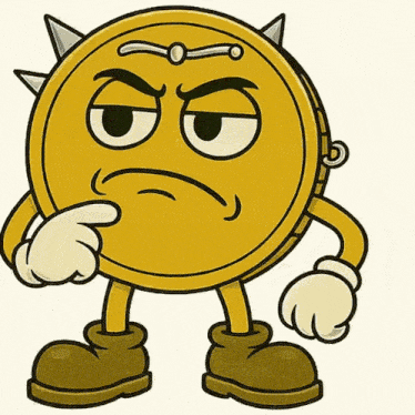 a cartoon drawing of a coin with spikes on it 's face