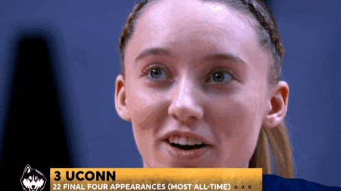 a close up of a woman with the words 3 uconn 22 final four appearances most all-time on the bottom