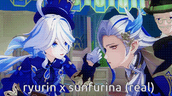 a couple of anime characters standing next to each other with the words ryurin x sunfurina ( real ) below them