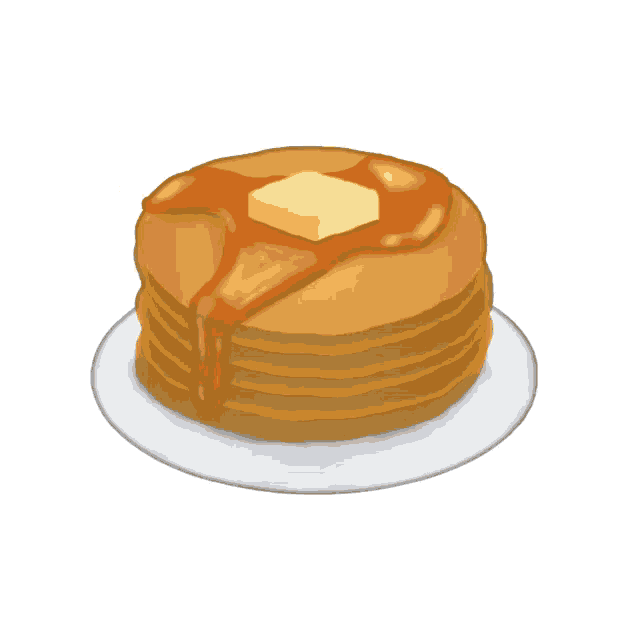 a stack of pancakes on a plate with syrup and butter