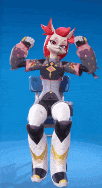 a furry character is sitting in a chair with a tag on the back of it