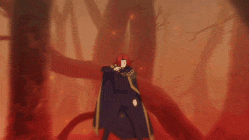 a man in a cape stands in a forest holding a wand up