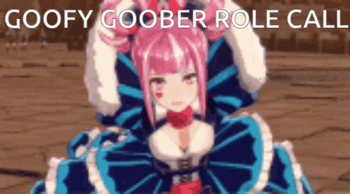 a video game character with pink hair and a blue and white dress