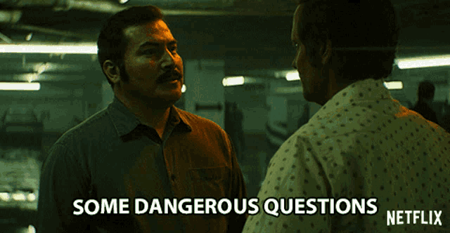 a netflix ad shows two men talking and the words some dangerous questions
