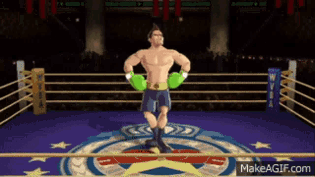 a man in boxing gloves stands in a boxing ring with a banner that says wba on it