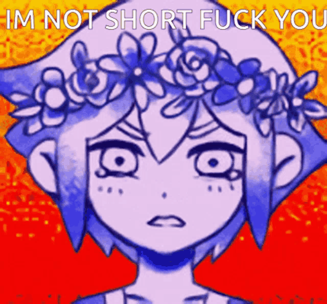 a drawing of a girl with a flower crown on her head and the words " im not short fuck you "