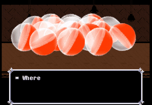 a bunch of red and white balls are hanging from the ceiling and the word where is in the corner