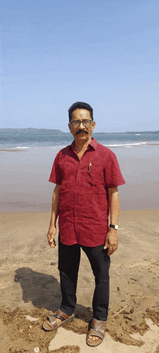 a man in a red shirt and black pants stands on the beach