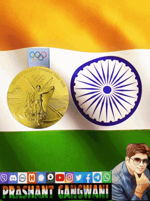 a gold medal from the 2002 olympics sits next to a flag of india