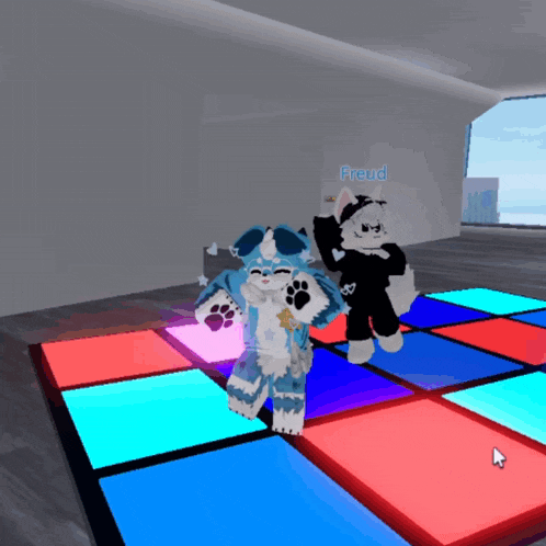 two furry characters are dancing on a colorful dance floor with the name freud visible