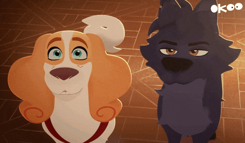 a cartoon dog and a cartoon wolf are standing next to each other with the word ok on the bottom right