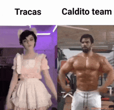 a girl in a pink dress is next to a muscular man