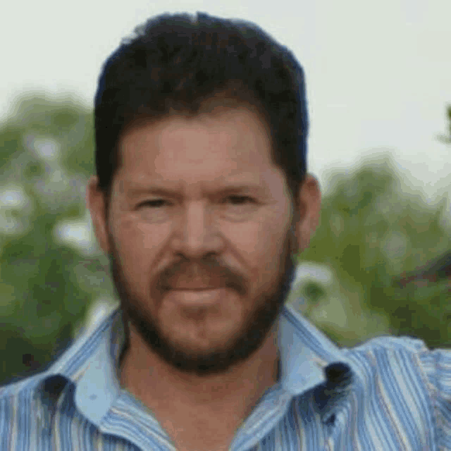 a man with a beard wearing a striped shirt is smiling for the camera .